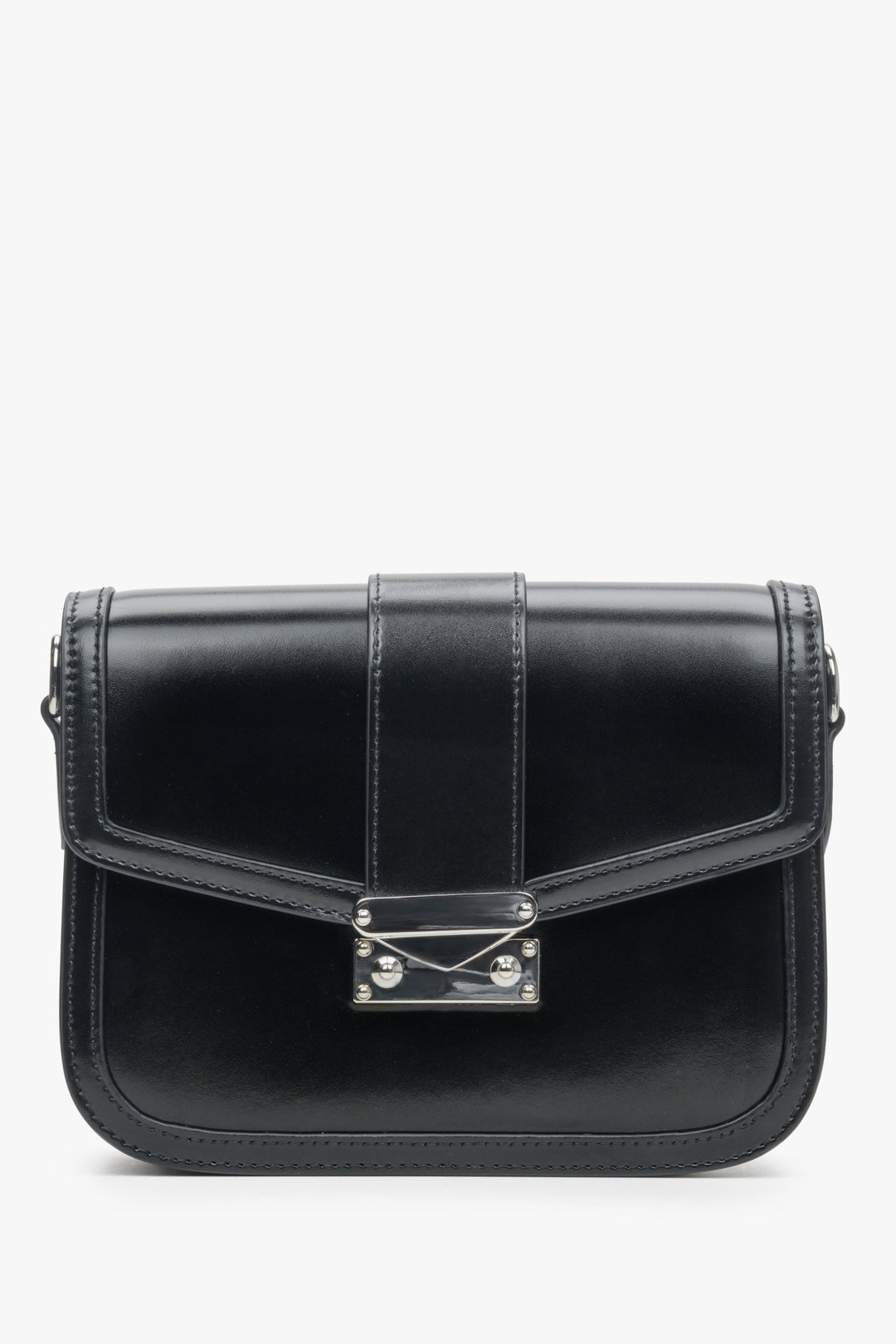 Kleine schwarze Damenhandtasche aus echtem Leder mit silberner Hardware Estro ER00113899.