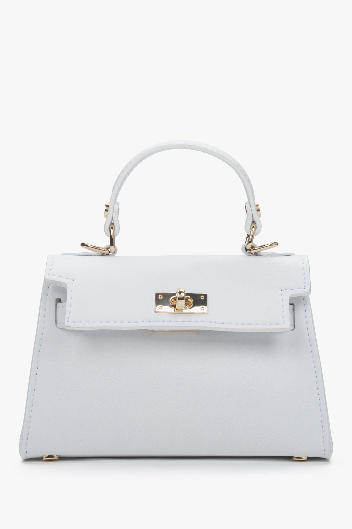 Frontale Ansicht der kleinen weißen Leder-Handtasche mit goldfarbenen Details
