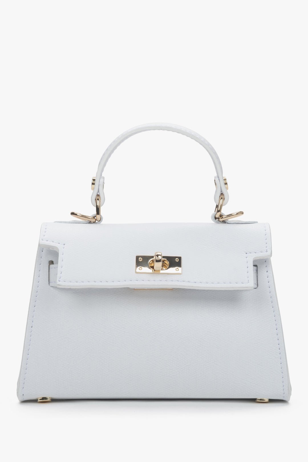 Frontale Ansicht der kleinen weißen Leder-Handtasche mit goldfarbenen Details