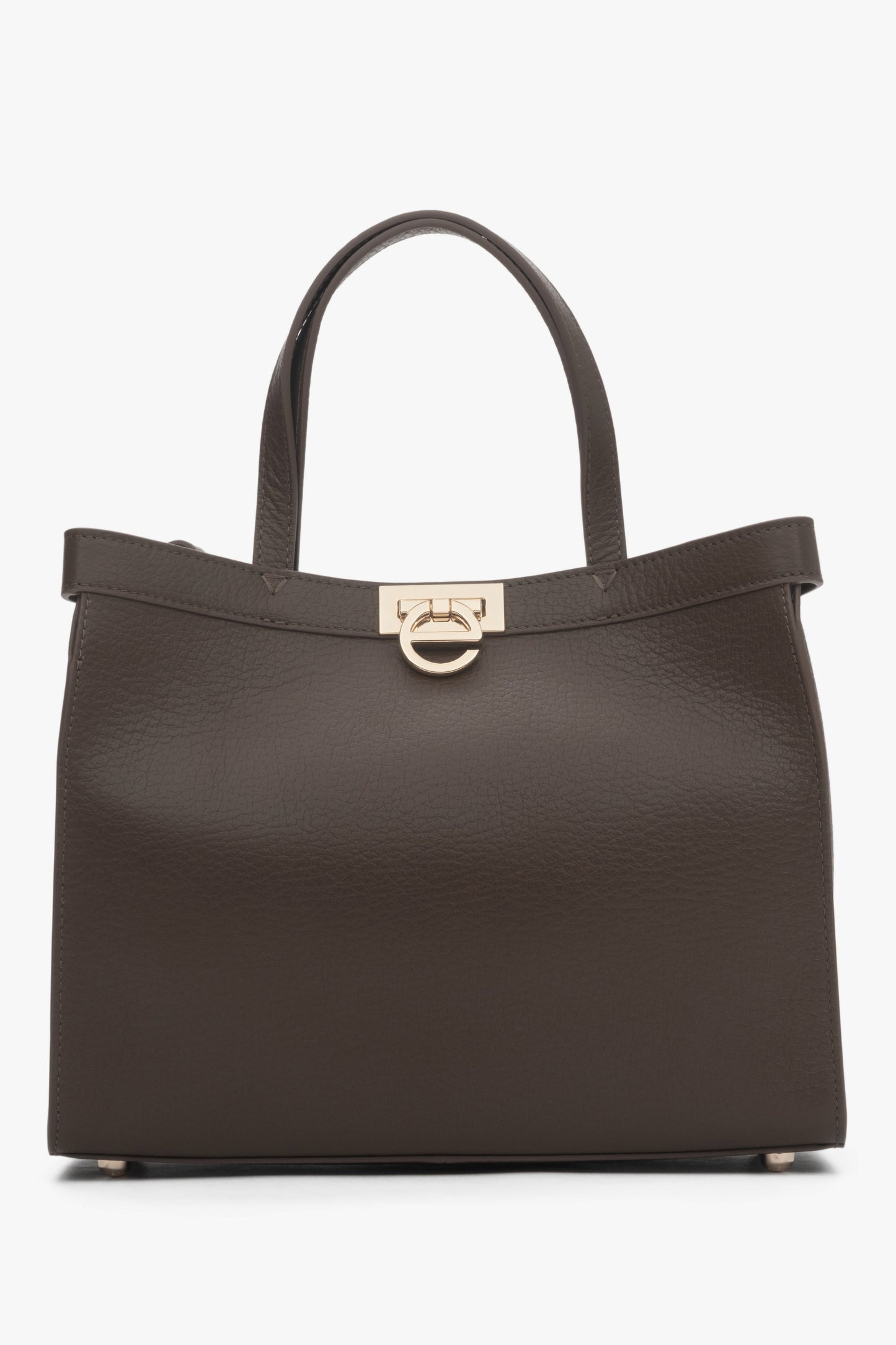 Frontansicht der eleganten mokkafarbenen Damen Tote-Bag aus Leder mit goldenem Verschluss.