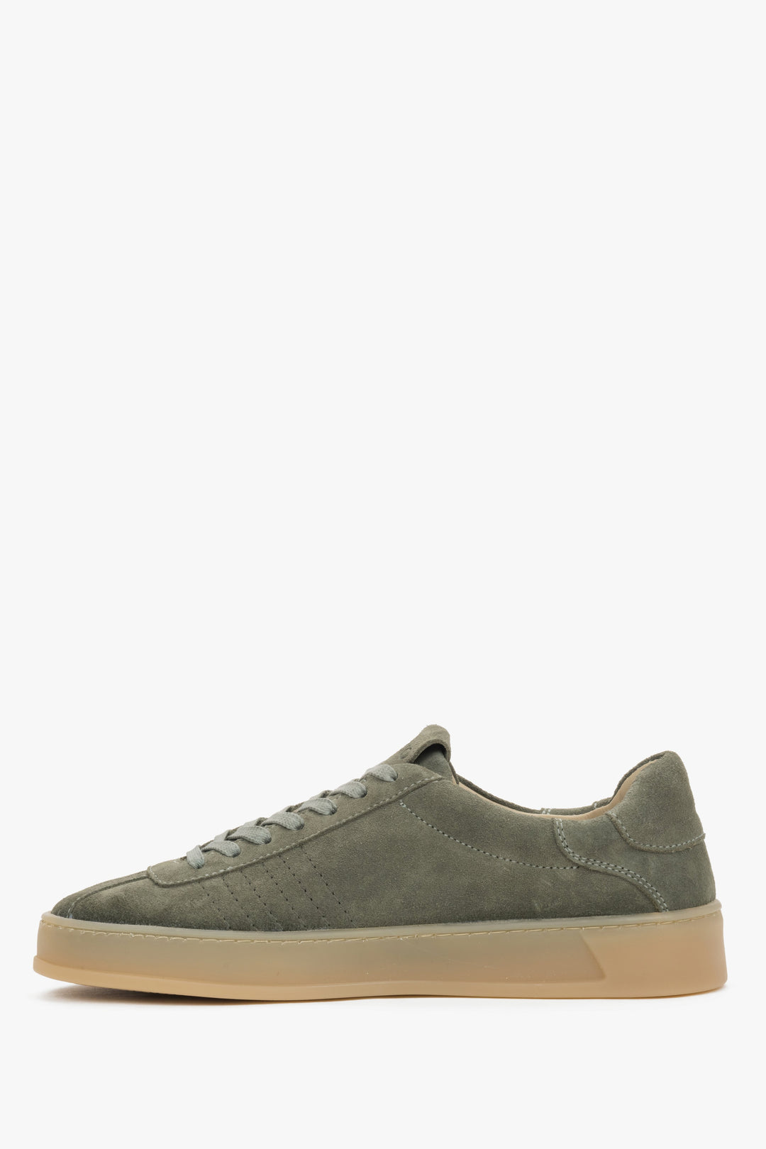 Linke Seitenansicht der sportlichen olivgrünen Damen-Sneaker von Estro.