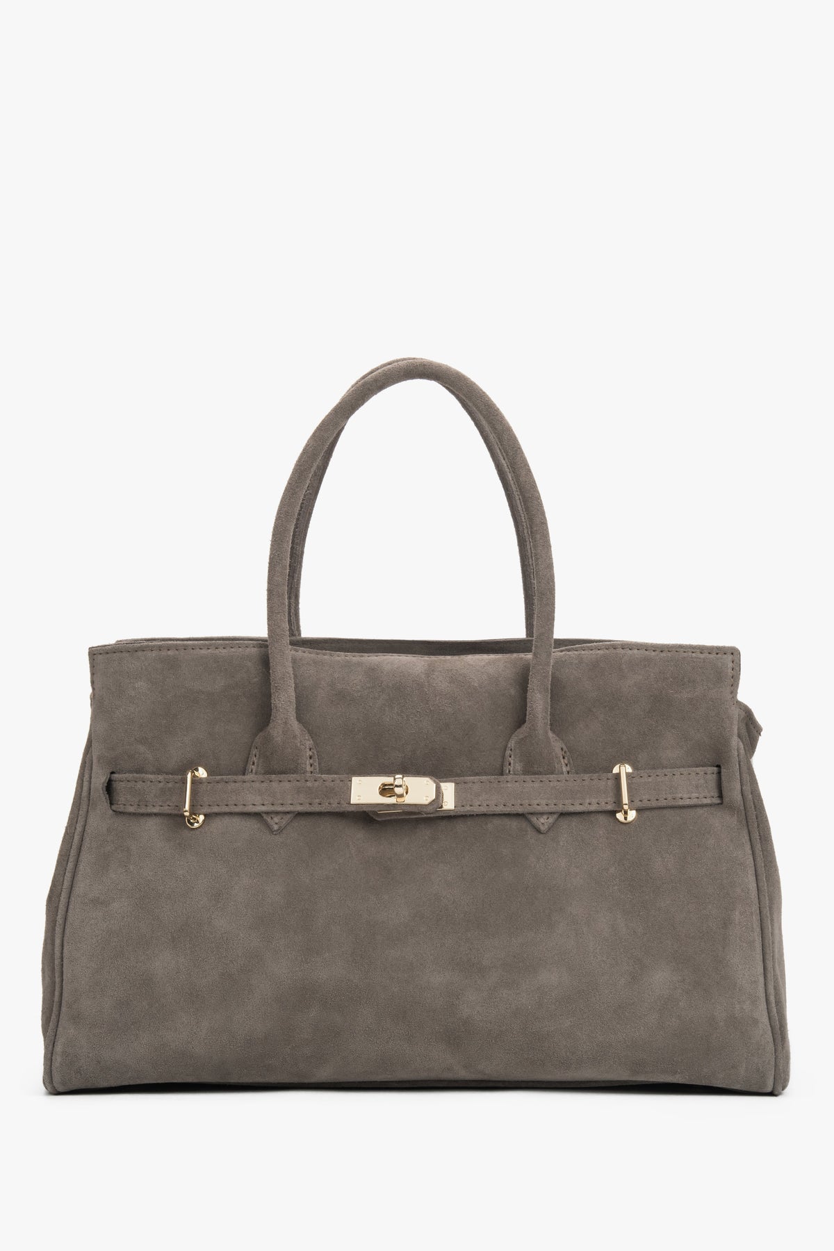 Frontansicht der großen dunkelgrauen Damen-Handtasche aus italienischem Premium-Velours