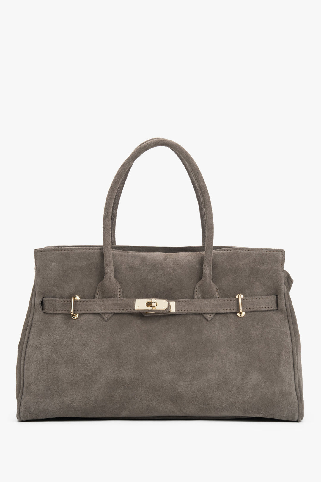 Frontansicht der großen dunkelgrauen Damen-Handtasche aus italienischem Premium-Velours