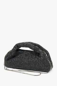 Schwarze Abendtasche von Estro, verziert mit funkelnden Kristallen und einem einzigartigen strukturierten Henkel.