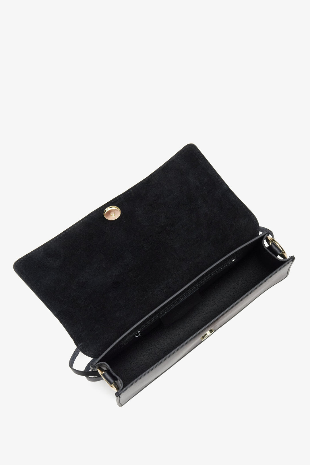 Damen-Lederhandtasche in Schwarz – Nahaufnahme des Hauptfachs.