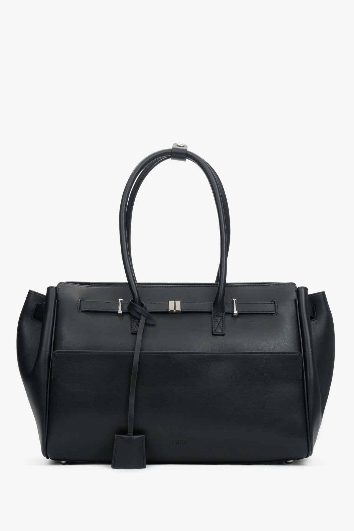Frontalansicht der formstabilen schwarzen Damen-Koffertasche aus Echtleder.