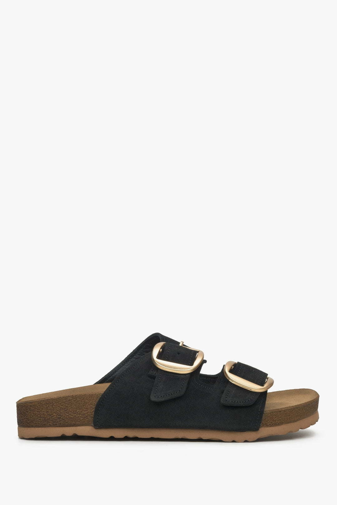 Schwarze Damen-Pantolette aus natürlichem Veloursleder in seitlicher Ansicht mit breiten Riemen und Schnallen