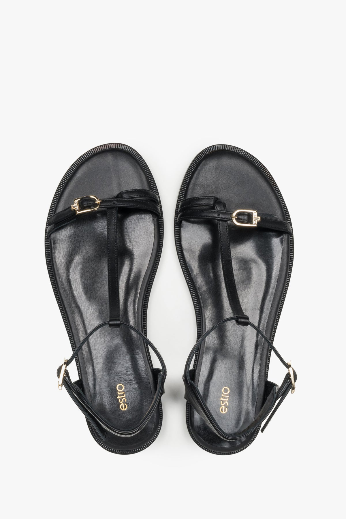 Schwarze Damen-Sandalen aus echtem Leder von oben mit Zehenschlaufe