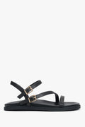 Schwarze Damen-Sandalen aus Leder mit dünnen Riemen und goldenen Details von Estro.