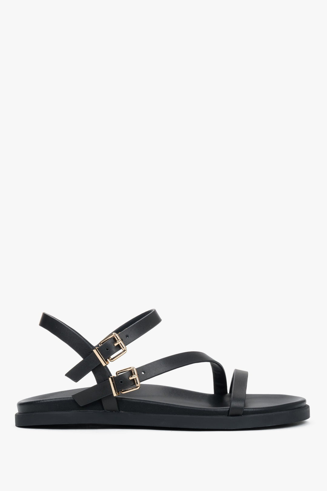 Schwarze Damen-Sandalen aus Leder mit dünnen Riemen und goldenen Details von Estro.