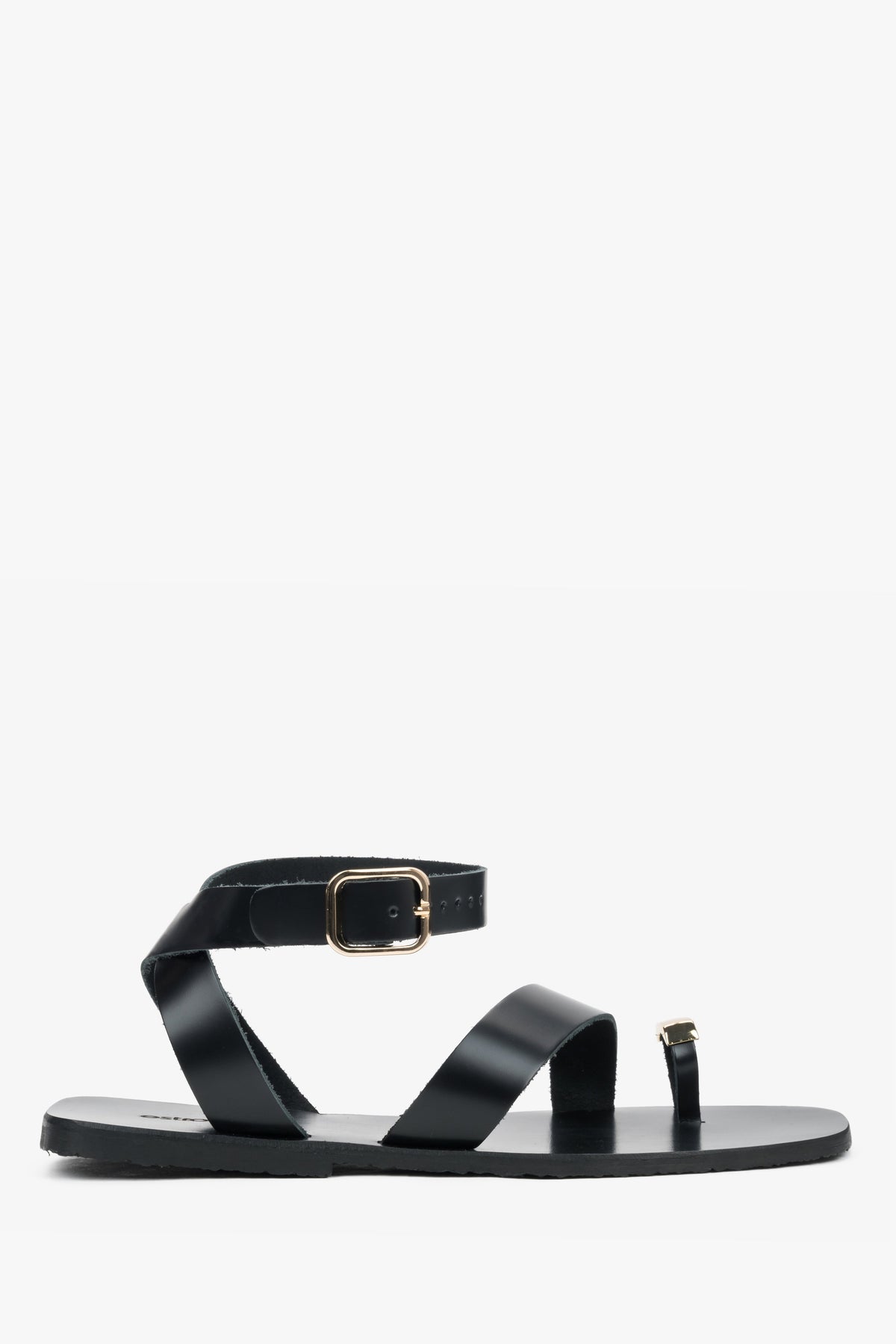 Schwarze Damen-Sandalen aus Echtleder mit goldenem Zehenring