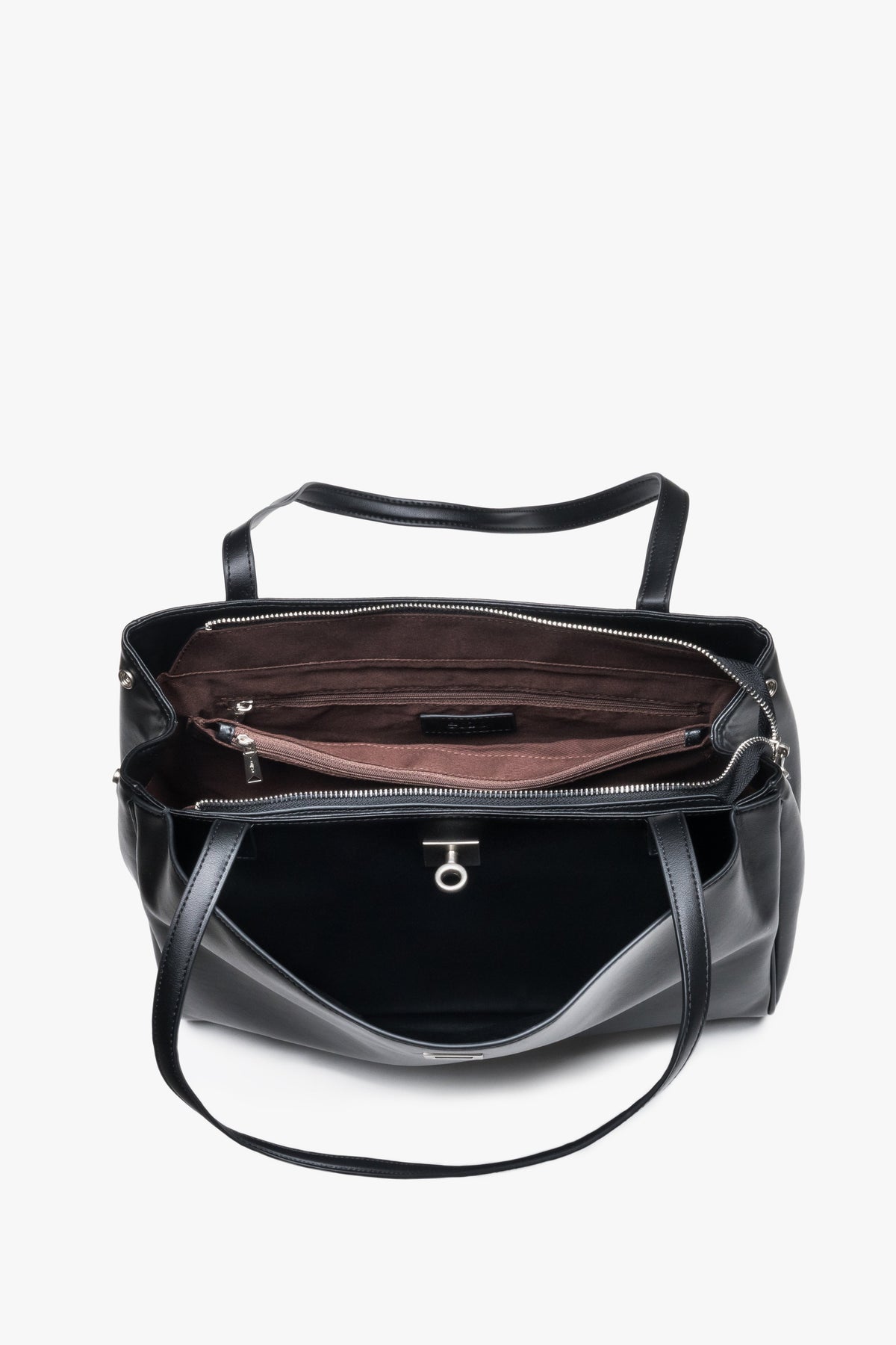 Schwarze Damen-Schultertasche aus echtem Leder von Estro mit geöffnetem Innenraum