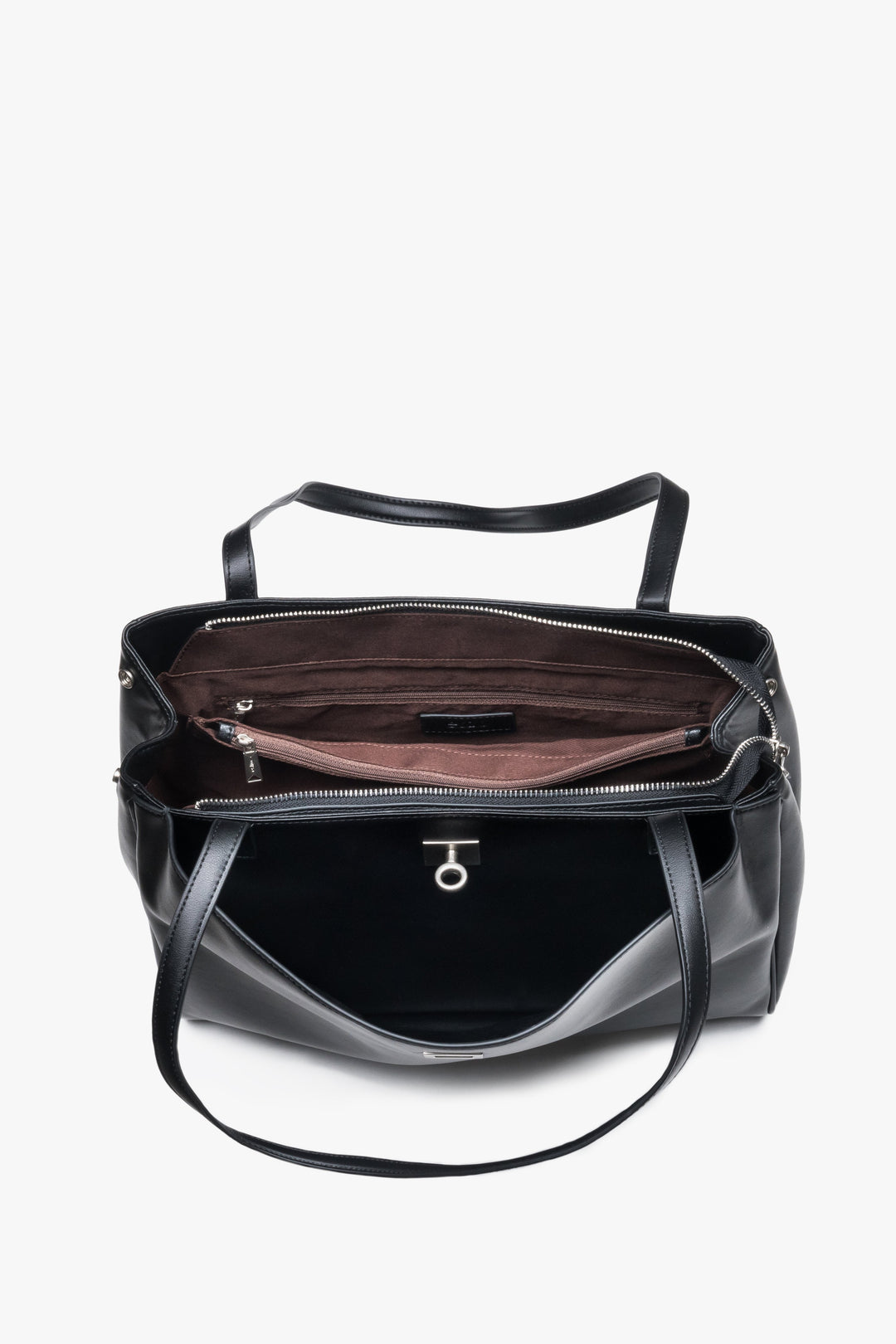 Schwarze Damen-Schultertasche aus echtem Leder von Estro mit geöffnetem Innenraum