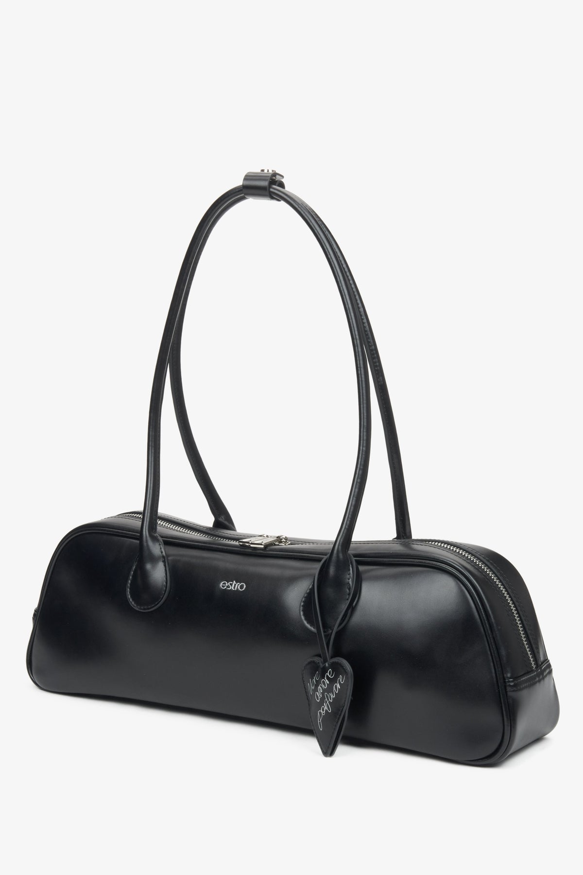 Estro – schwarze Damen-Schultertasche aus Leder mit langen Henkeln.