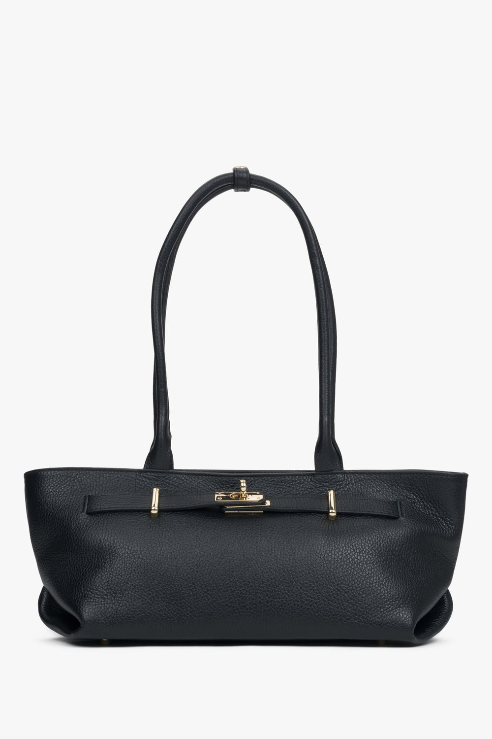 Frontale Ansicht der schwarzen Damen-Schultertasche aus Premium-Echtleder im East-West-Format