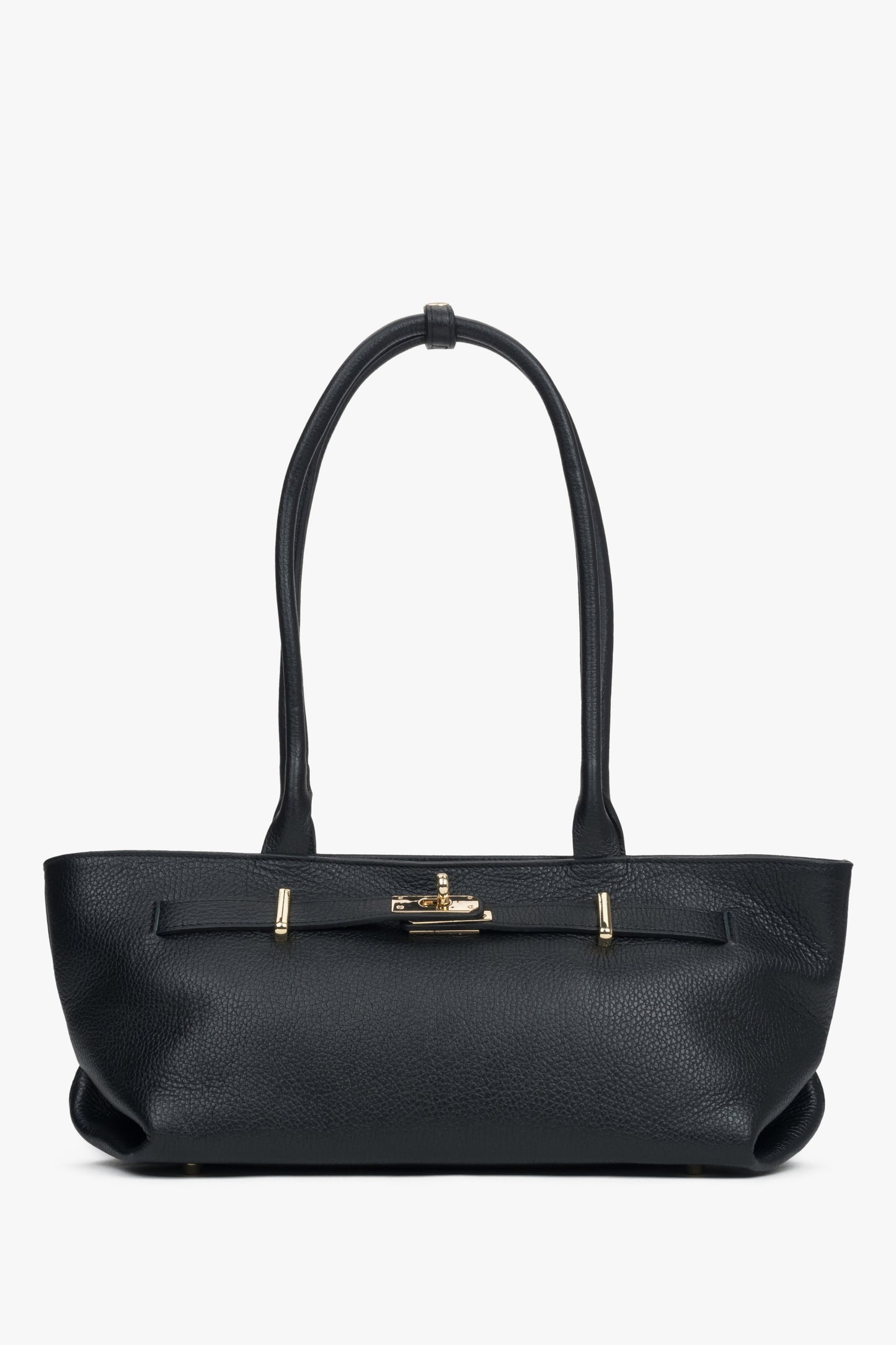 Frontale Ansicht der schwarzen Damen-Schultertasche aus Premium-Echtleder im East-West-Format