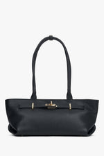 Frontale Ansicht der schwarzen Damen-Schultertasche aus Premium-Echtleder im East-West-Format