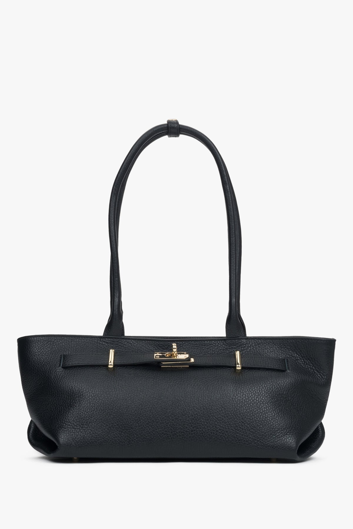 Frontale Ansicht der schwarzen Damen-Schultertasche aus Premium-Echtleder im East-West-Format