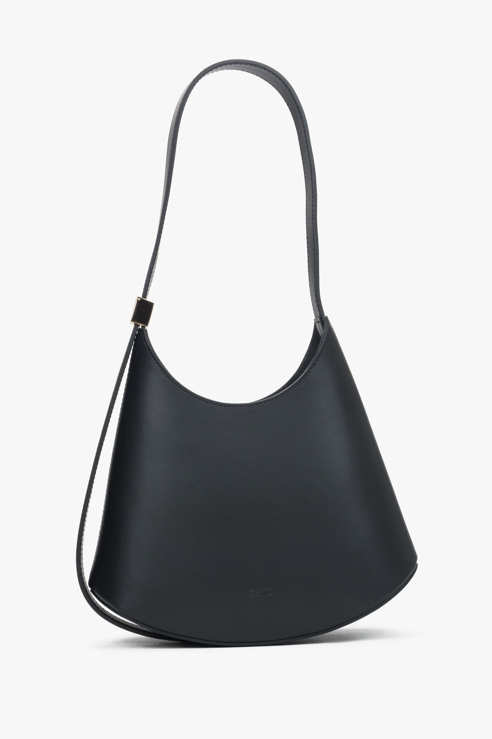Frontale Ansicht der schwarzen Damen-Schultertasche aus glattem Leder mit asymmetrischem Design