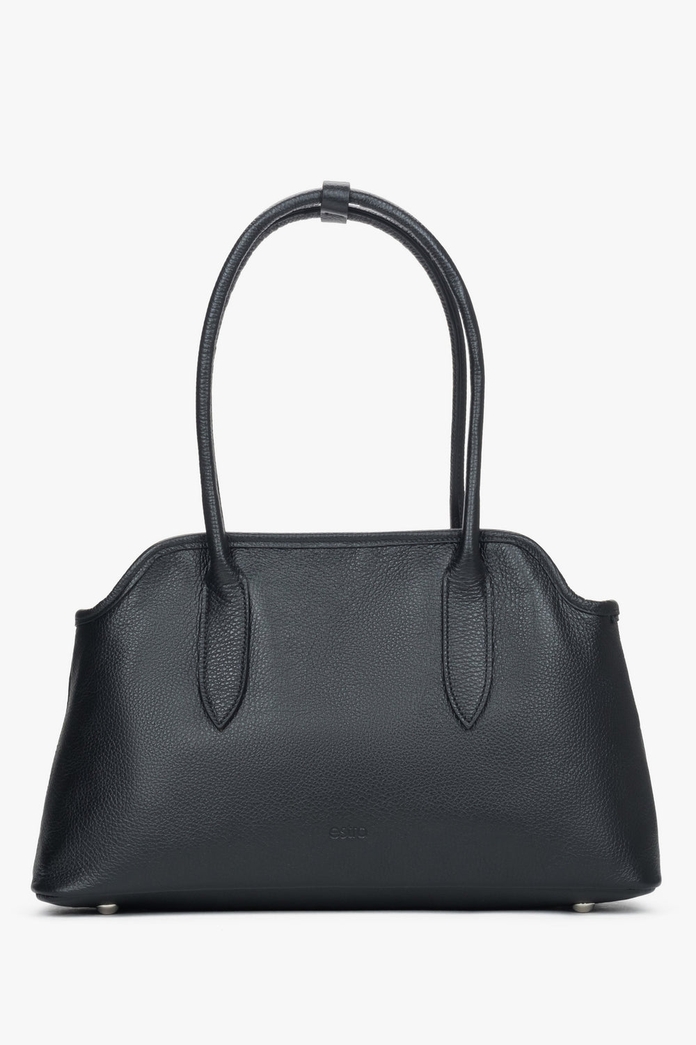 Frontansicht der eleganten schwarzen Leder-Schultertasche mit markanten langen Henkeln