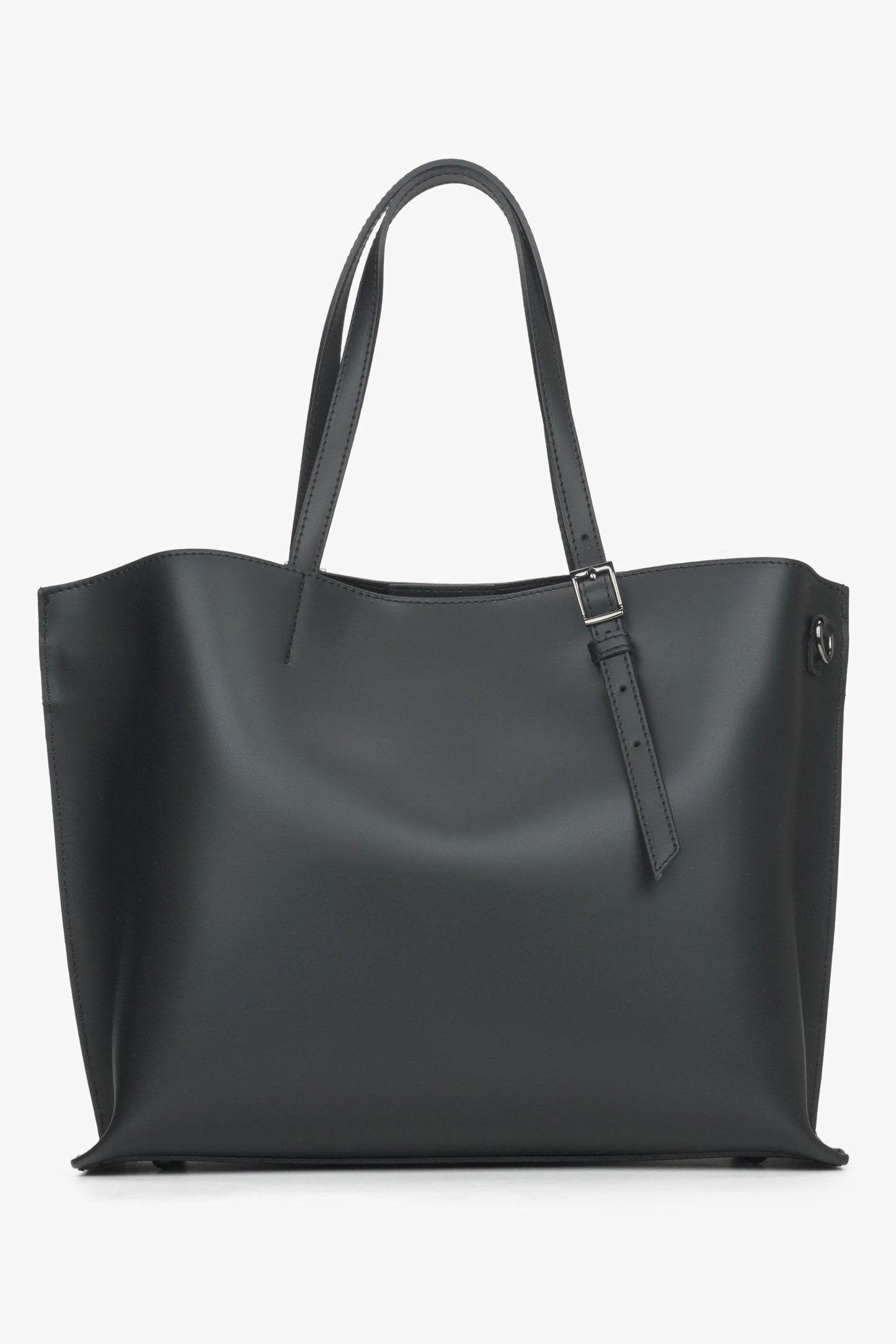 Flache Frontansicht der schwarzen Damen-Shopper-Tasche aus Echtleder 