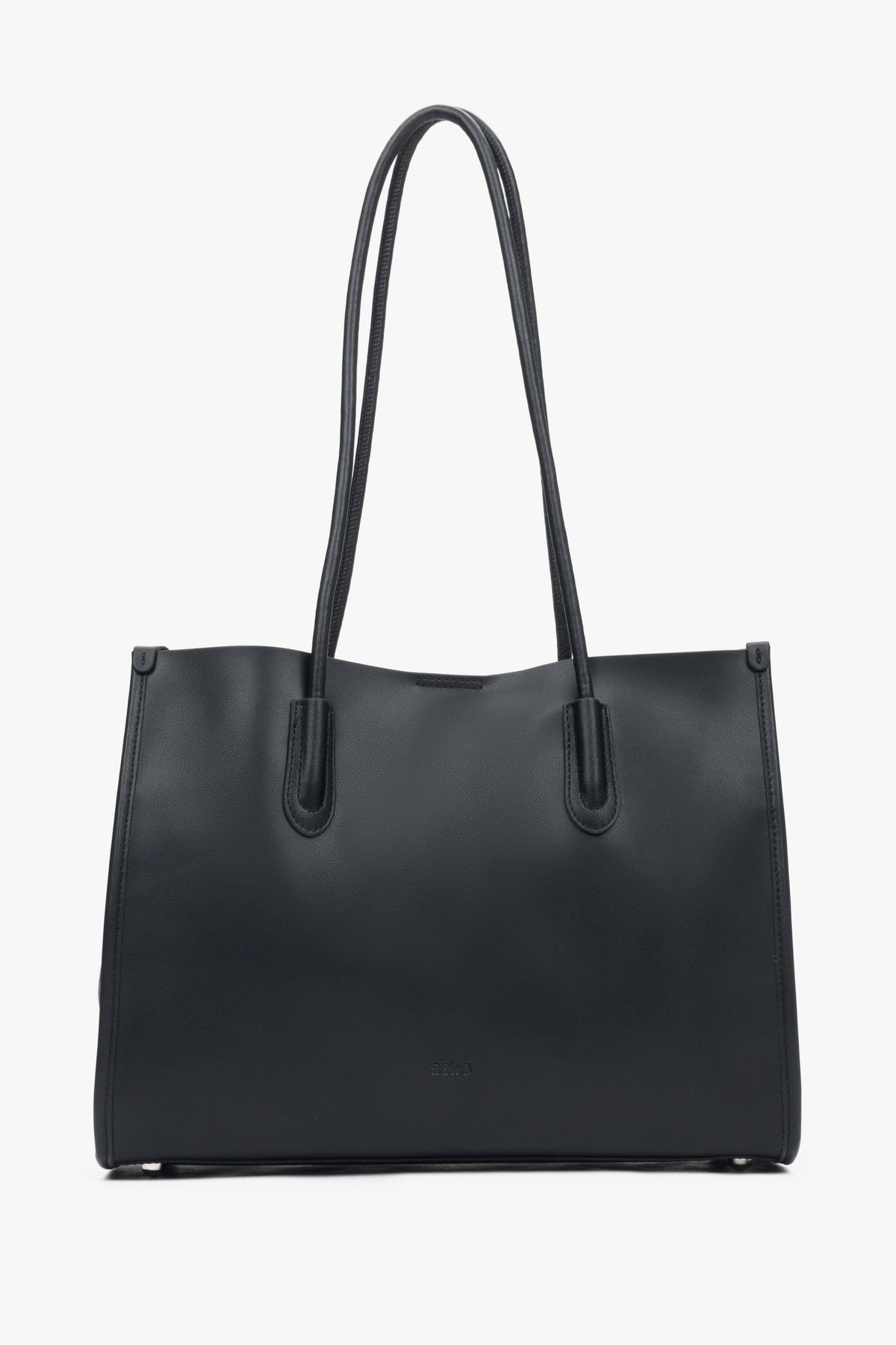 Frontale Ansicht der geräumigen schwarzen Damen-Shopper-Tasche aus Echtleder mit langen Henkeln
