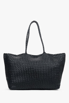 Frontalansicht der luxuriösen schwarzen Damen-Shopper-Tasche mit markantem Flechtmuster.