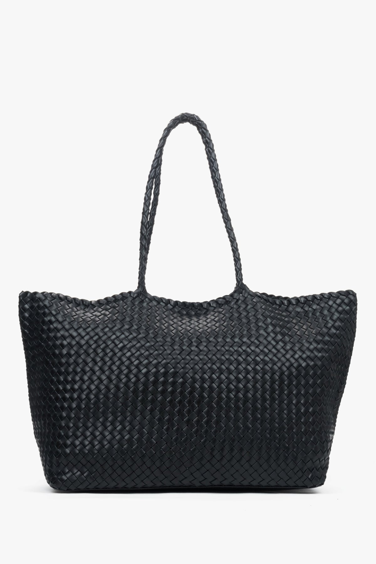 Frontalansicht der luxuriösen schwarzen Damen-Shopper-Tasche mit markantem Flechtmuster.
