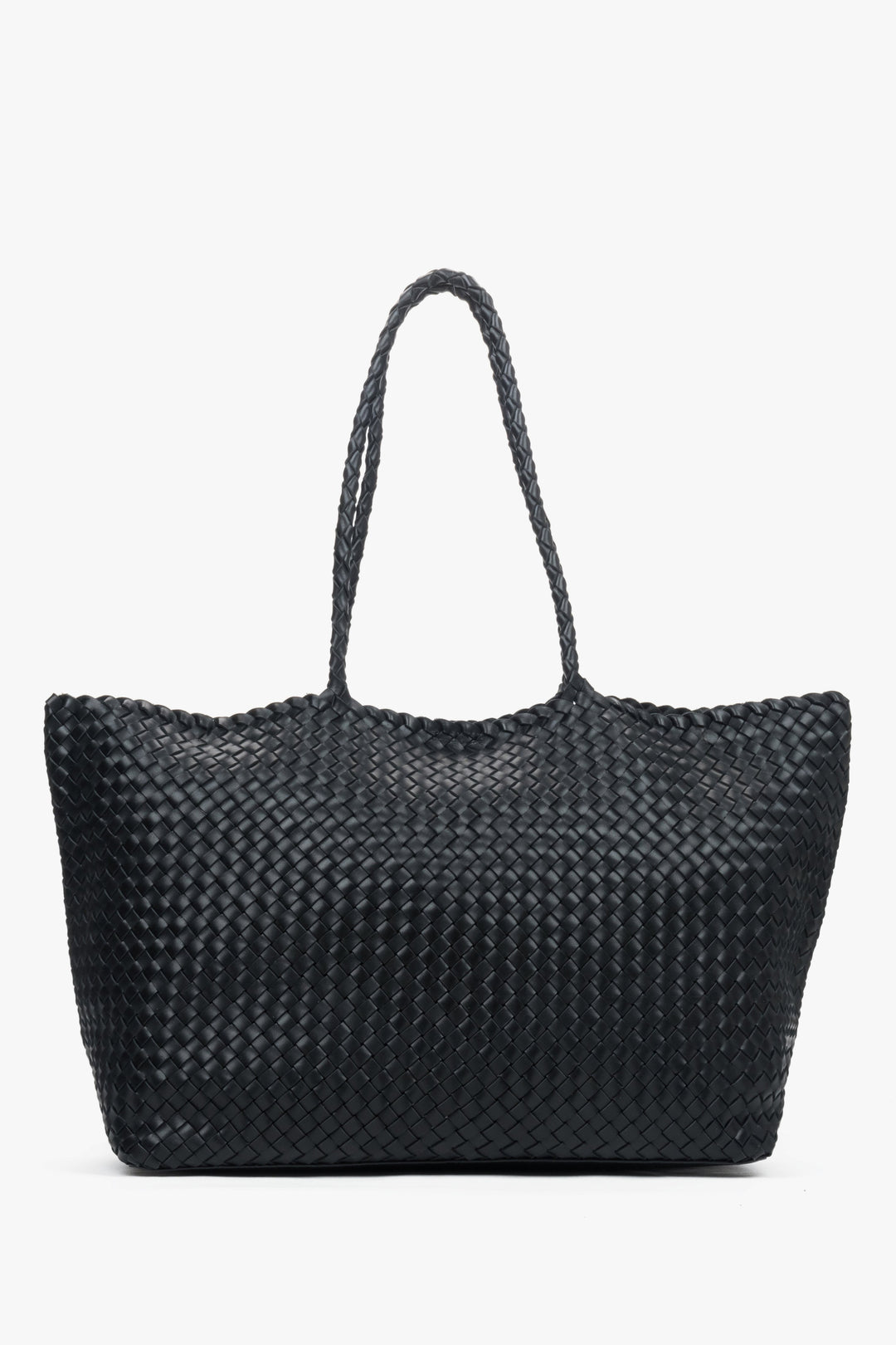 Frontalansicht der luxuriösen schwarzen Damen-Shopper-Tasche mit markantem Flechtmuster.