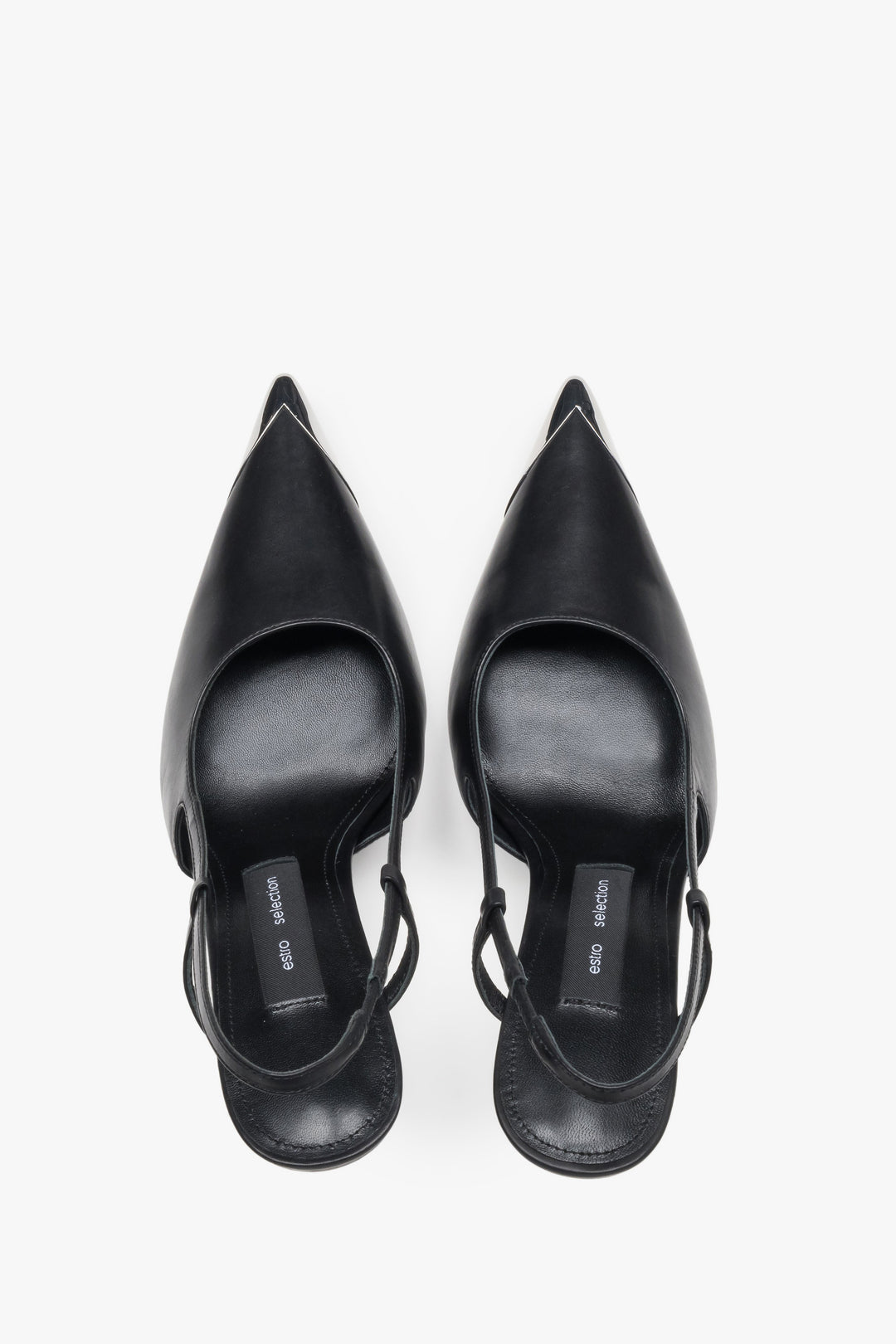 Schwarze Damen-Slingpumps von oben als Paar mit offener Ferse
