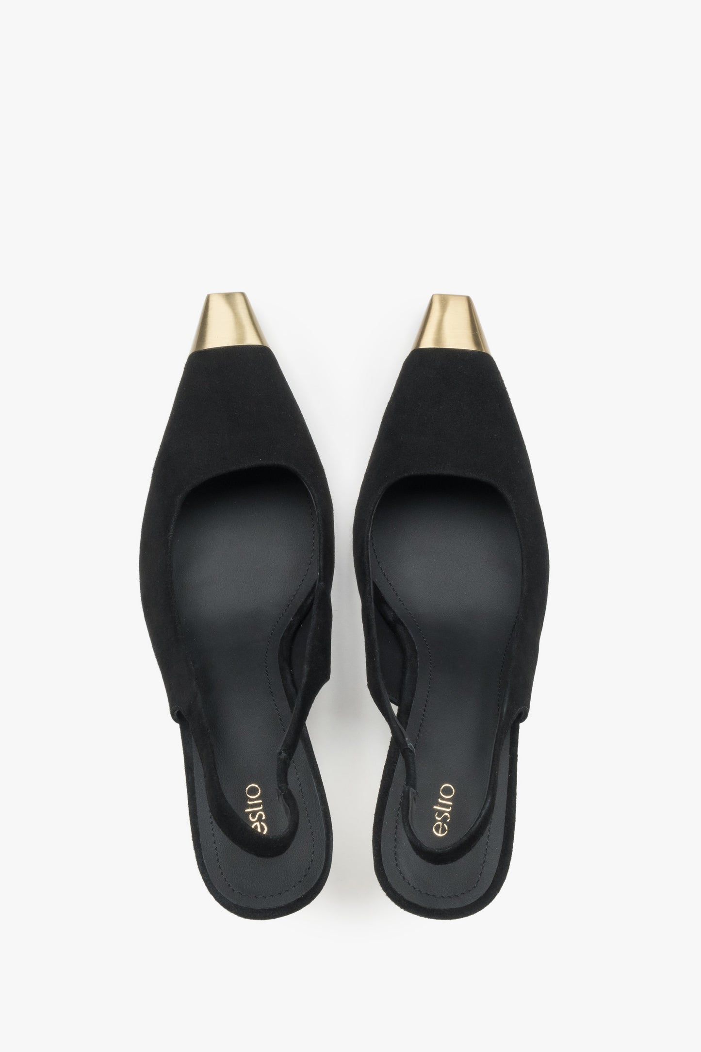 Schwarze Damen-Slingpumps von oben mit Chevreau-Lederdecksohle und goldfarbenen Details