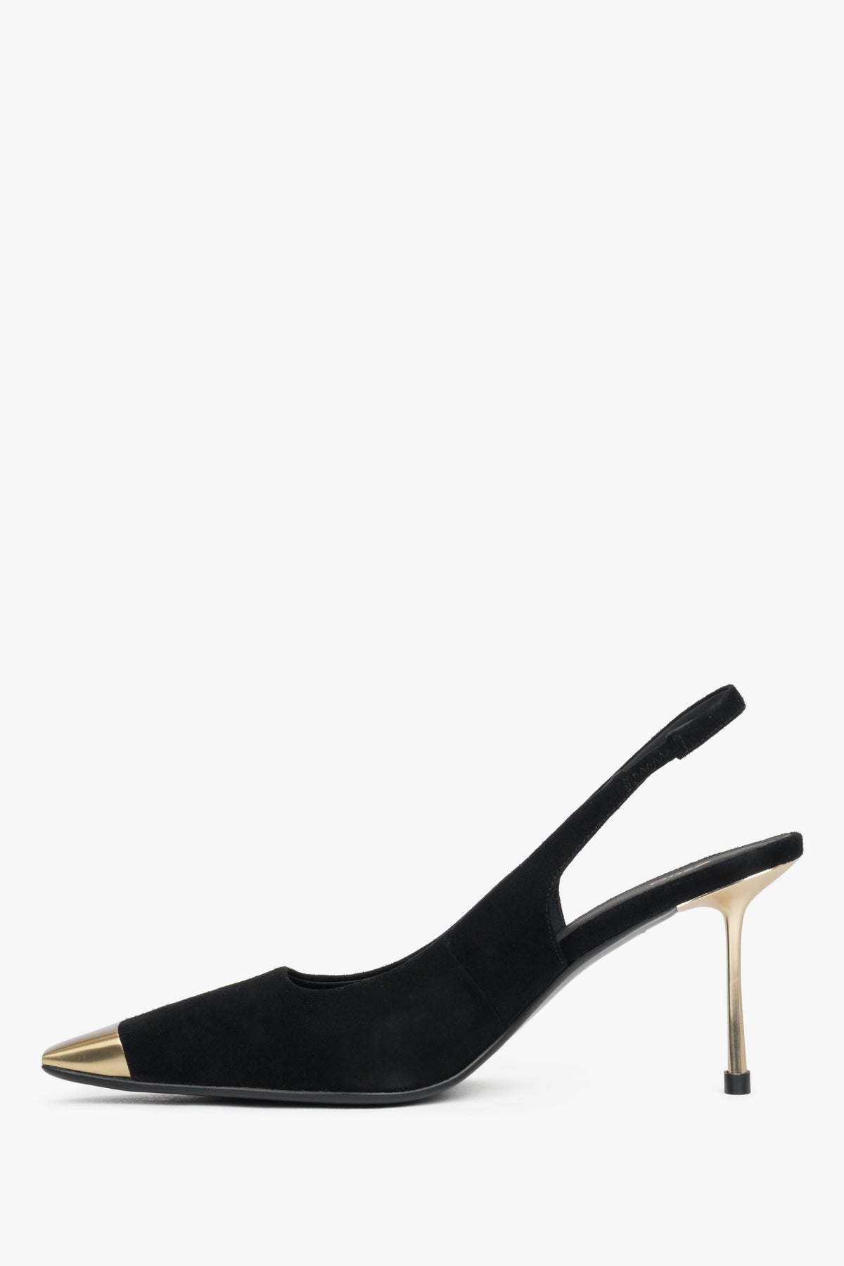 Schwarzer Damen-Slingpumps aus echtem Velours in seitlicher Profilansicht mit Stilettoabsatz