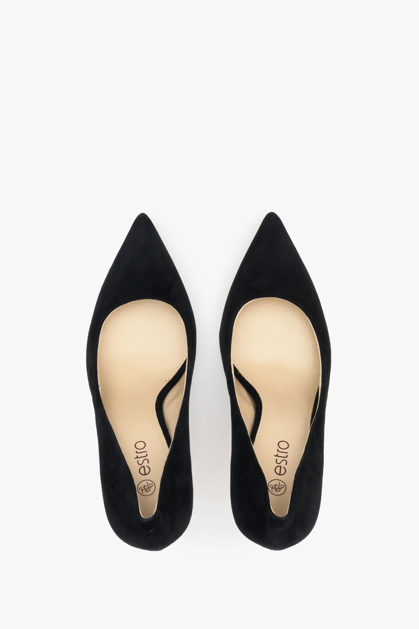 Schwarze Veloursleder-Stilettos von oben als Paar