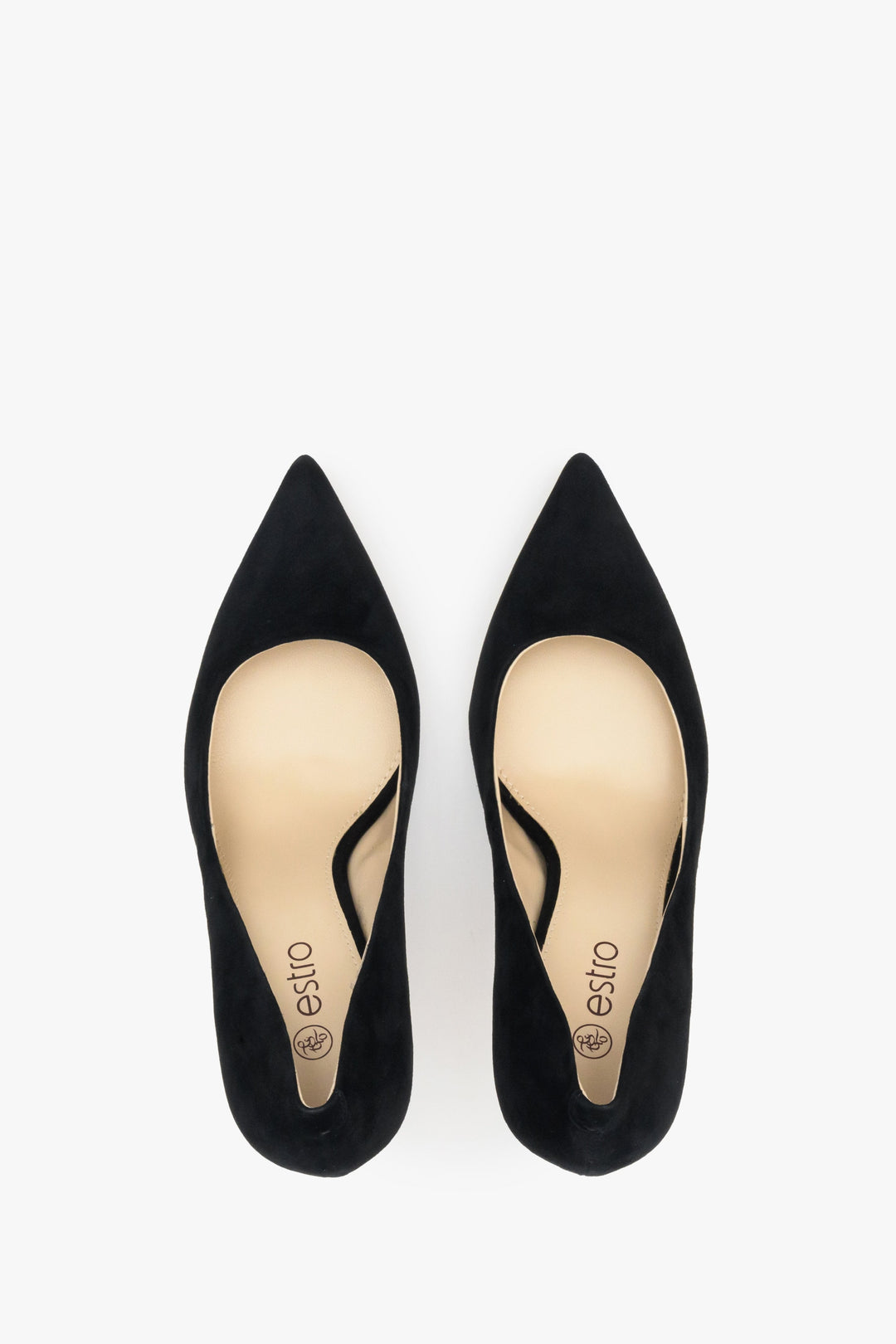Schwarze Veloursleder-Stilettos von oben als Paar