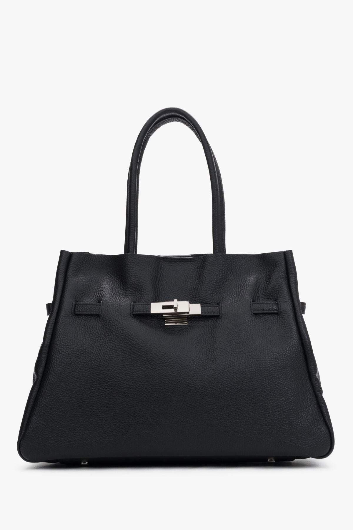 Direkte Frontalansicht der strukturierten schwarzen Damen Tote-Bag aus Premium-Echtleder