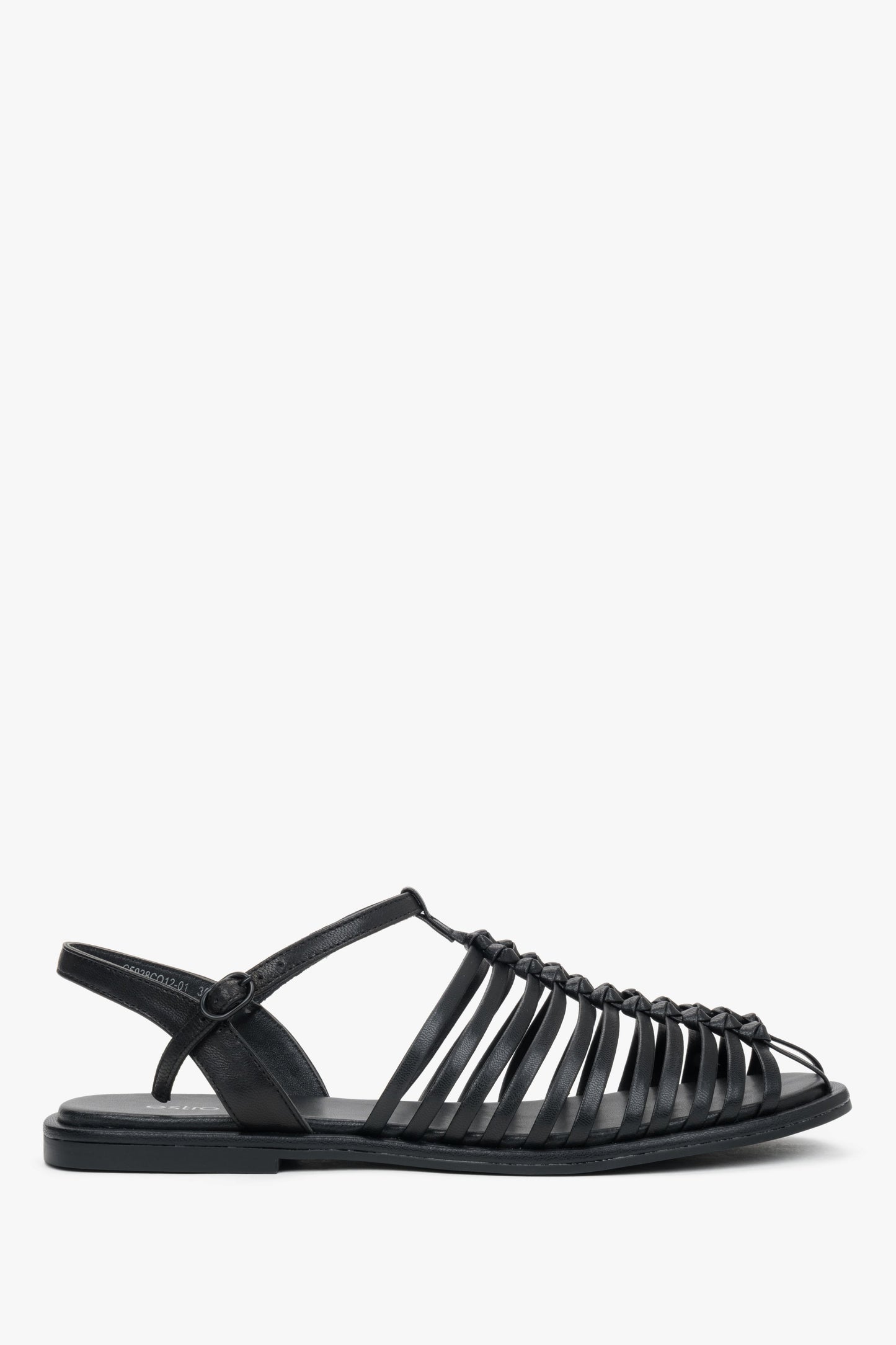 Schwarze Damen-Sandalen aus feinen Lederriemen im Fisherman-Stil.