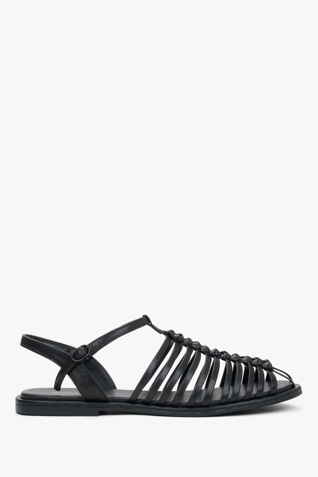 Schwarze Damen-Sandalen aus feinen Lederriemen im Fisherman-Stil.