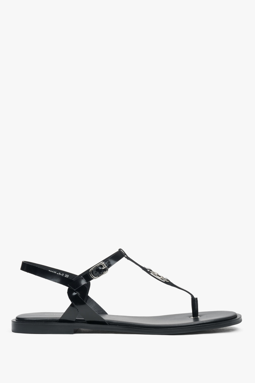 Rechte Seitenansicht der schwarzen flachen Damen-Sandalen von Estro