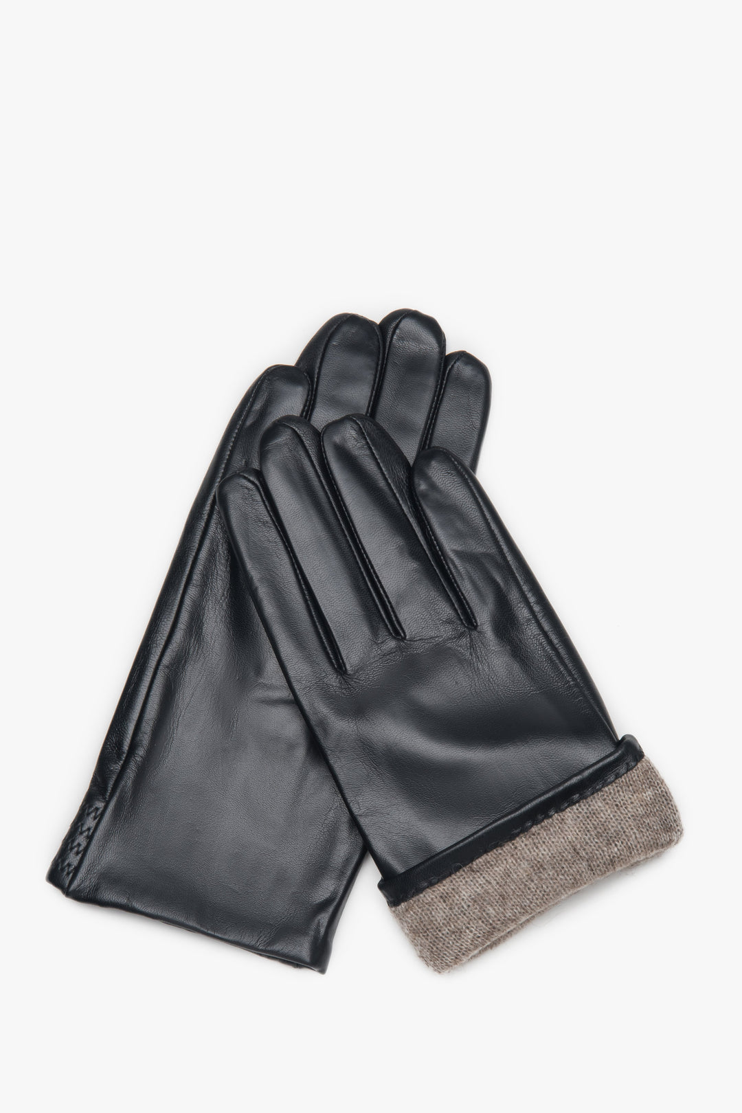 Überlappende schwarze Herren-Lederhandschuhe mit sichtbarem, wärmendem Wollfutter am Bündchen
