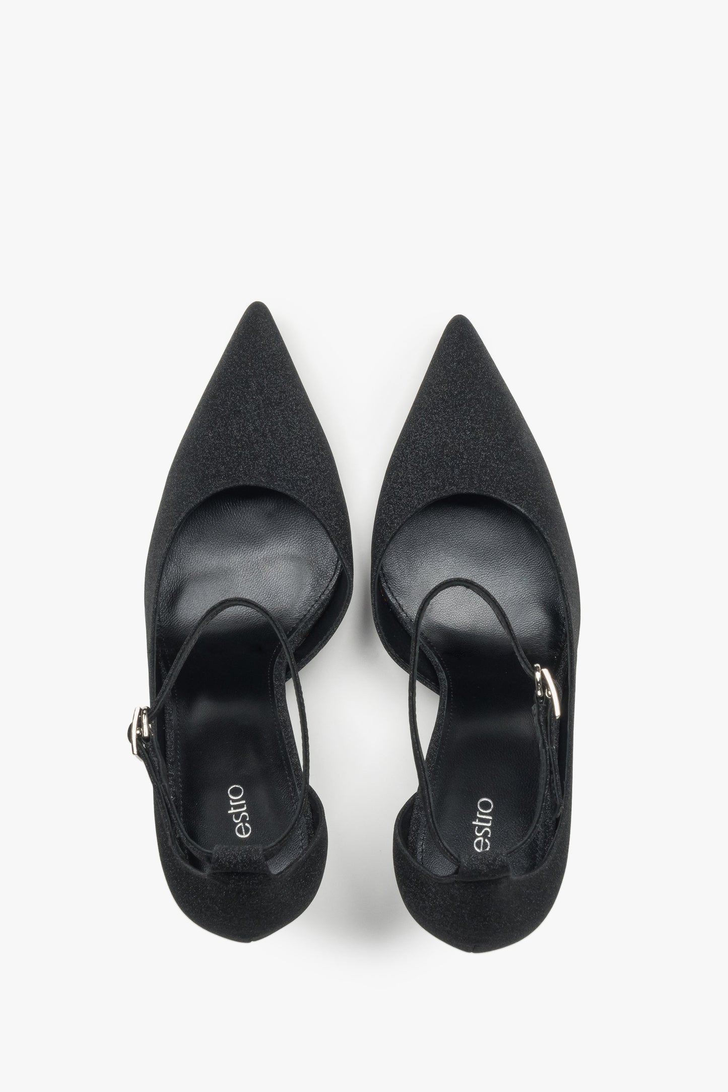 Hochwertige schwarze Lederschuhe mit hohem Absatz i dekorativem Element. 
