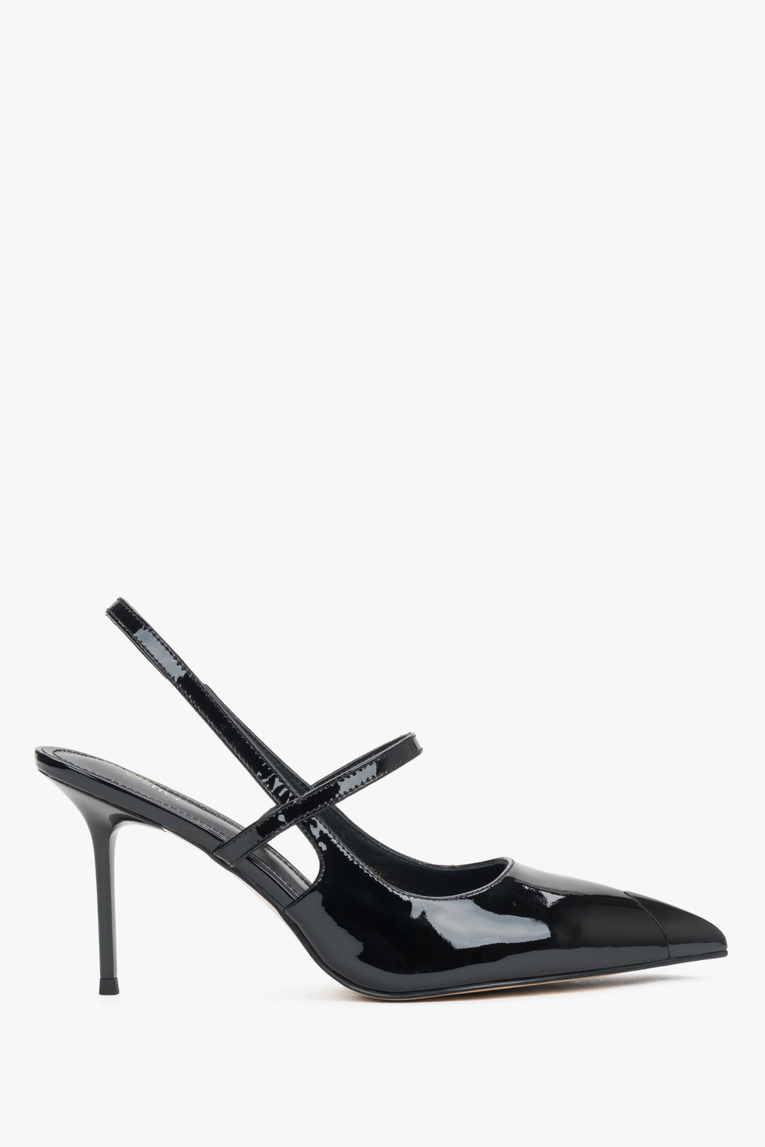 Schwarze Lackleder-Pumps mit Stilettoabsatz und stabilisierendem Riemen
