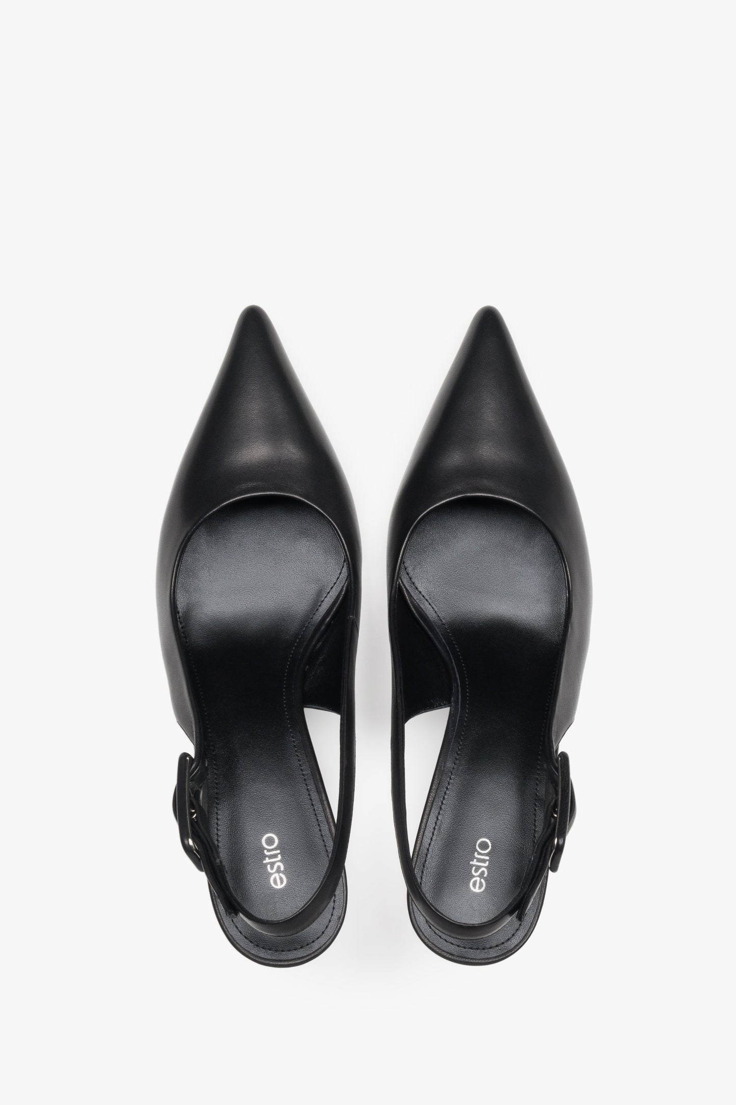 Paar schwarze Slingback-Pumps aus Leder von oben