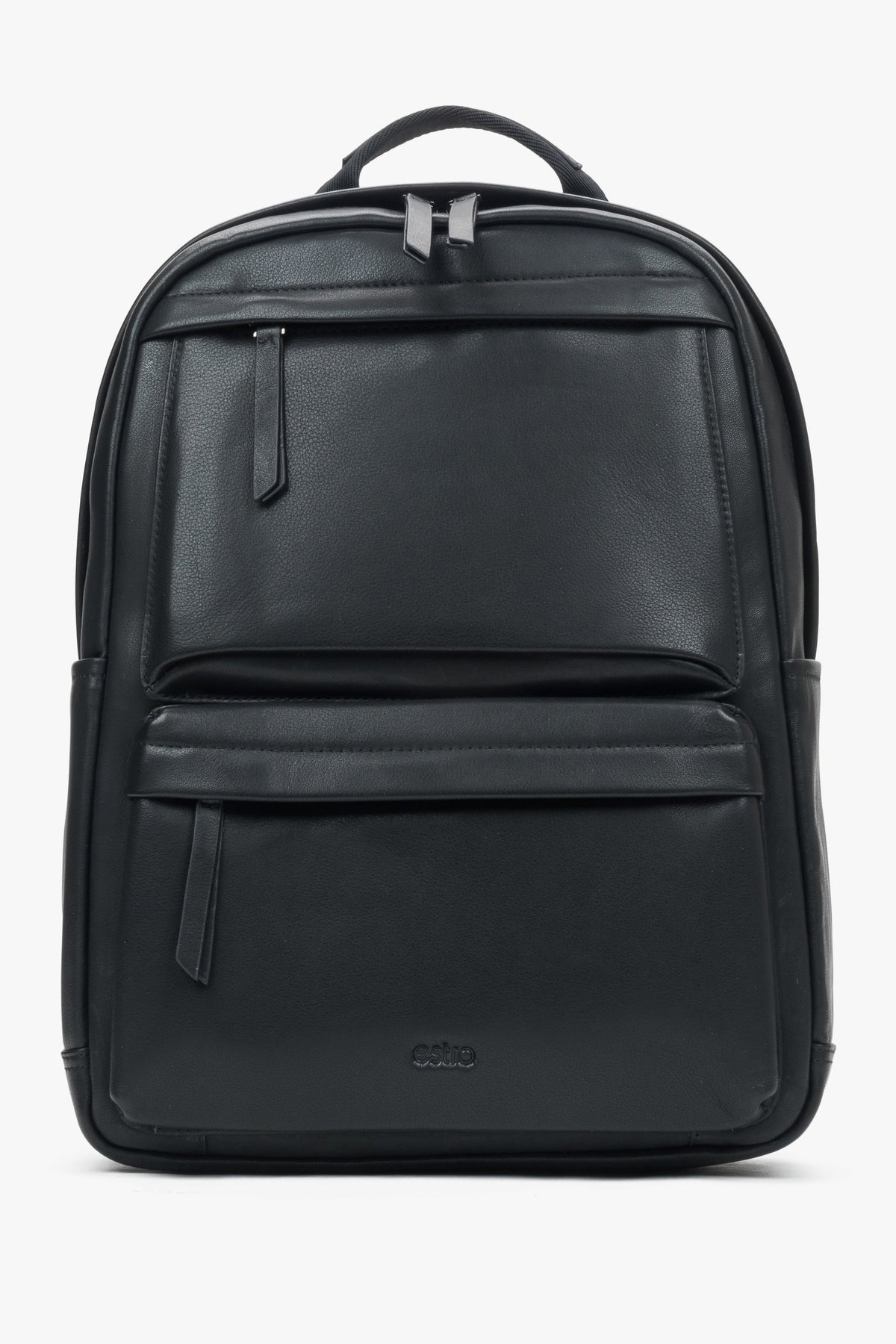 Frontale Ansicht des schwarzen Herren-City-Rucksacks aus Echtleder und Textilmaterial