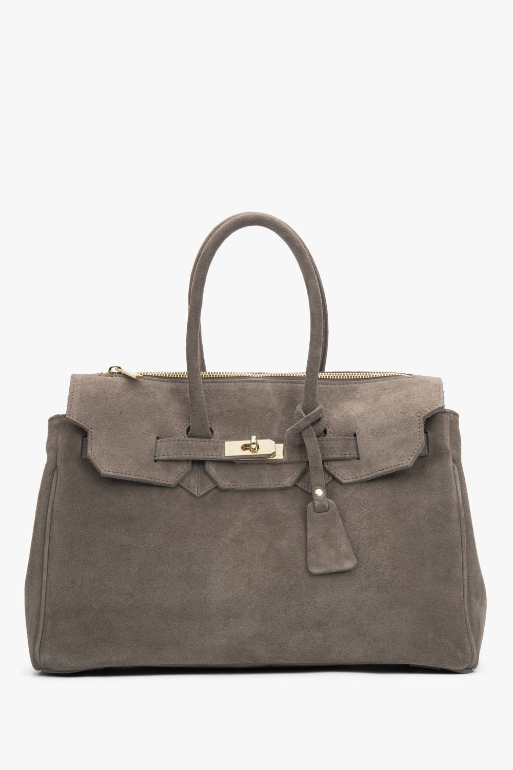 Frontale Ansicht der taupefarbenen Damen-Henkeltasche aus italienischem Natur-Velours
