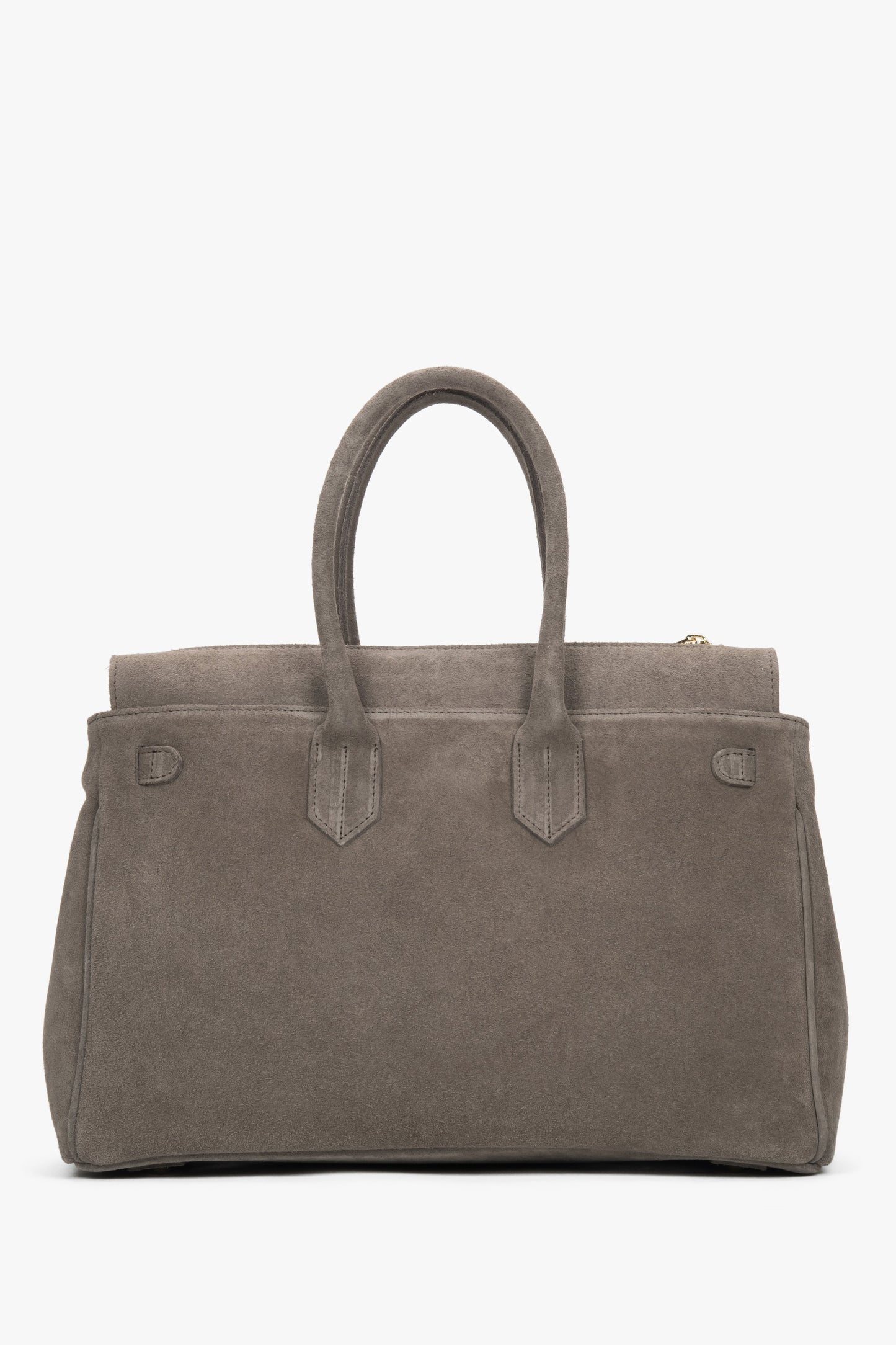 Rückwärtige, cleane Ansicht der eleganten taupefarbenen Henkeltasche