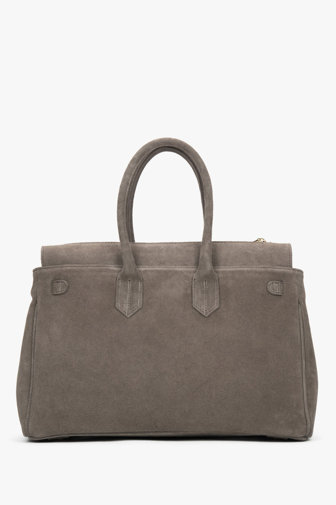 Rückwärtige, cleane Ansicht der eleganten taupefarbenen Henkeltasche