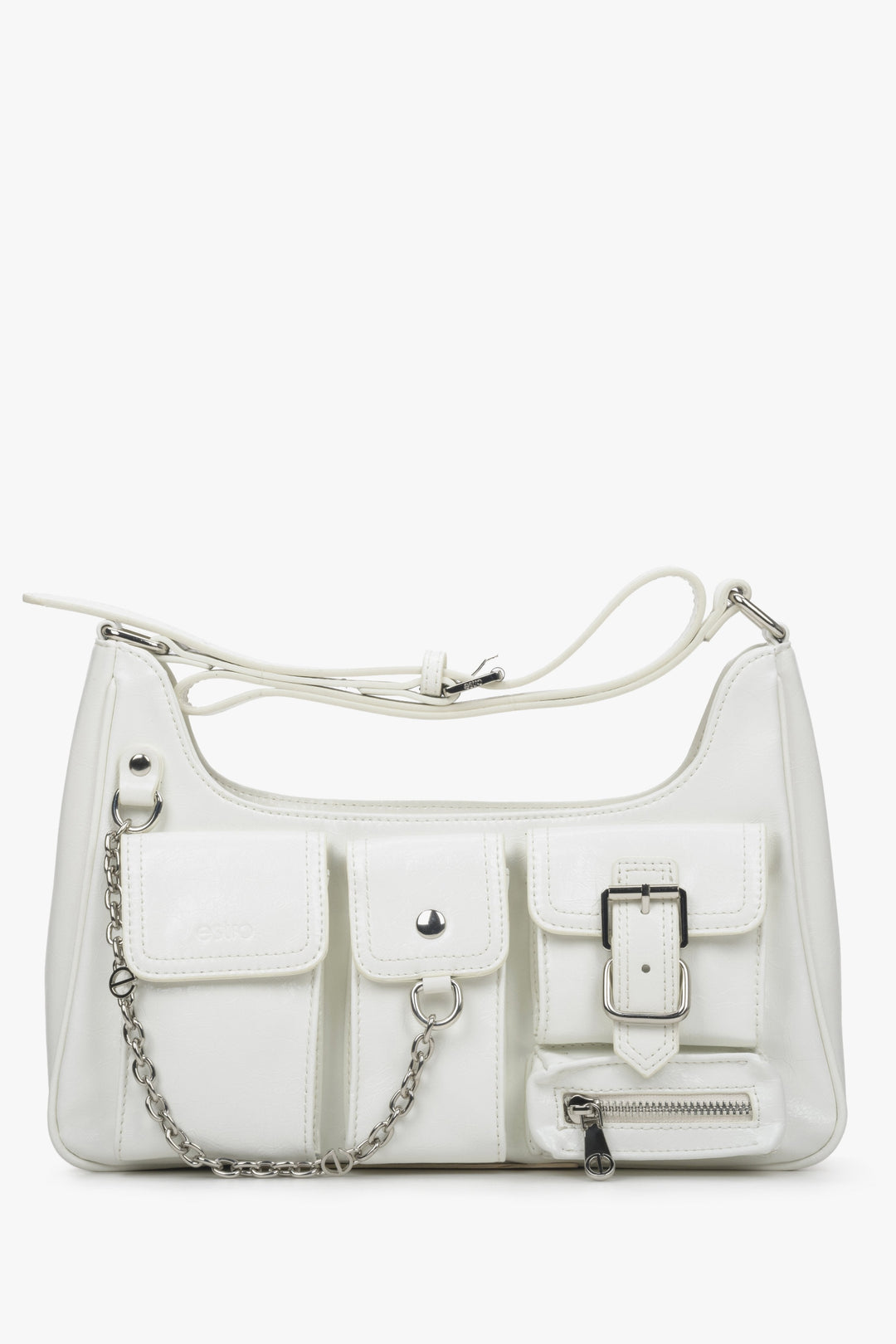 Weiße Damen-Schultertasche aus echtem Leder mit mehreren Fächern Estro ER00114407.