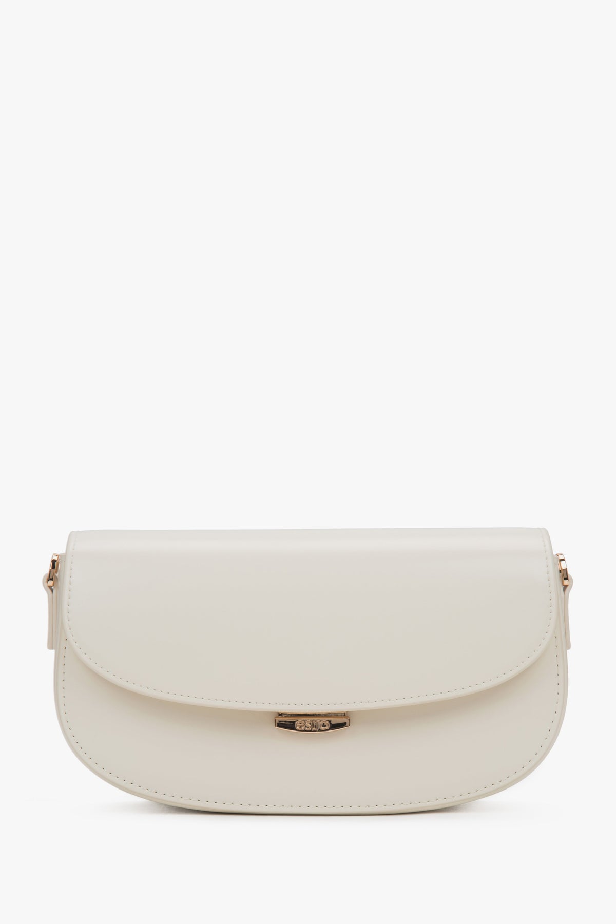 Frontalansicht der weißen Leder-Schultertasche mit minimalistischem Design.